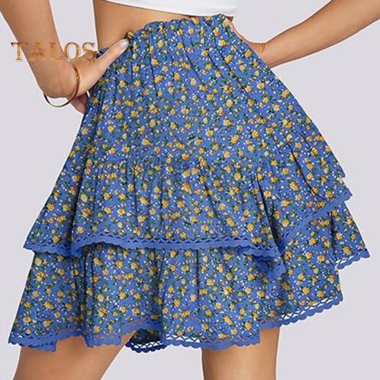 Women Cake Skirt High Waisted Double-Layered Ruffle Bohemian Mini Skirt with Elastic Waistband Lace Hem Skirt