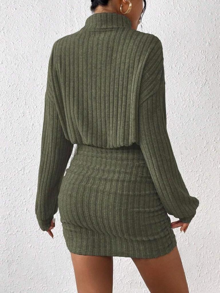 2025 Autumn High-Neck Ribbed Knit Dress: Long-Sleeved, Hip-Wrapping, Sexy Style for Europe and America