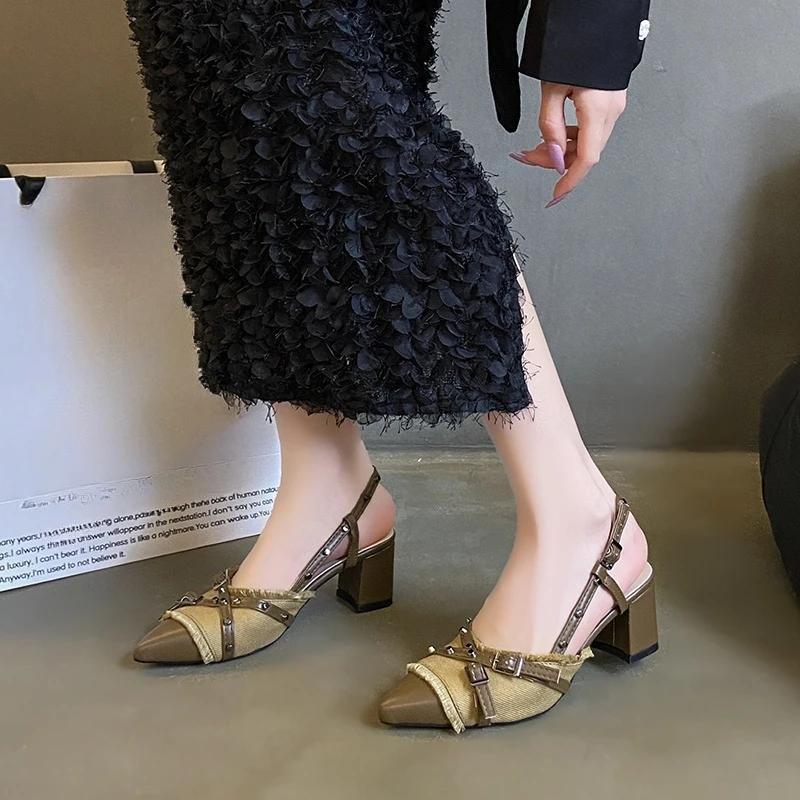 Sexy high heels, women's pointed toe patchwork open-heel sandals, 2025 summer fashionable casual party women's shoes