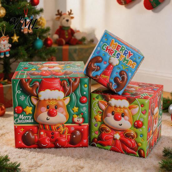 Reusable Holiday Display Sets 3Pcs Christmas Stackable Gift Box, Layered Cube Plastic Boxes with Santa Party Table Decor Snowman Reindeer, Tabletop