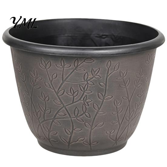 Retro Embossed Plant Pots 12 Inch Thickened Flower for Outdoor Indoor, Plastic Leaf-Pattern Texture Decorative Courtyard Planter with Drainage Hole &