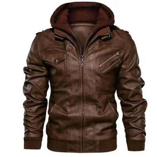2025 Men's Plus Size PU Washed Leather Hooded Jacket, Two-piece Design.