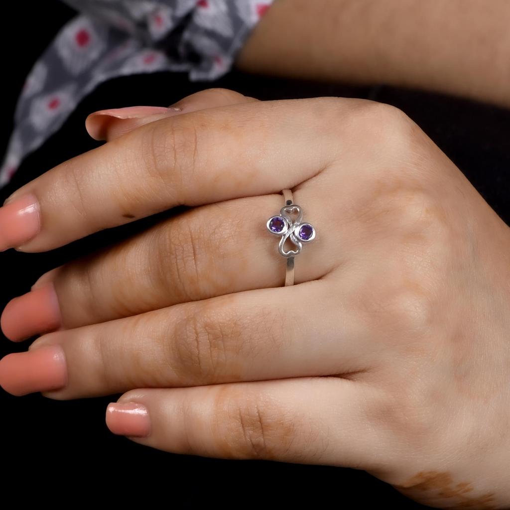 Natural Amethyst Double Stone Ring  | 925 Sterling Silver Minimalist Ring | February Birthstone Ring | Dainty Gemstone Ring | Gift for Her