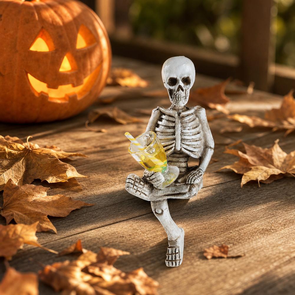 Garden Bar Halloween Skeleton Figurine 3D Skull Figurine Resin Skeleton Statue Creative Modern Art Statue Study Desk Ornament
