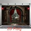 2D flat polyester background fabric - with magic broom and vampire castle design - perfect for Halloween and parties