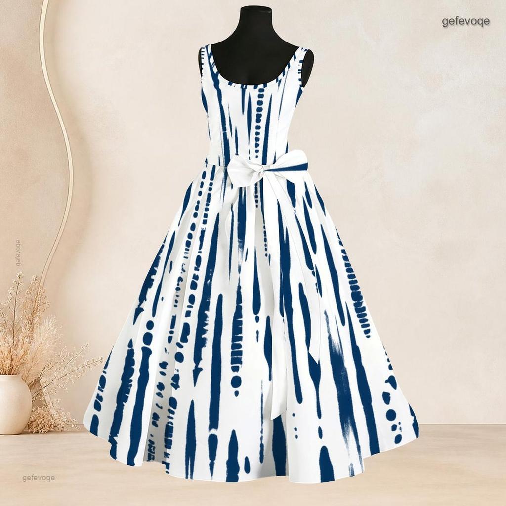 Women Plus Size Round Neck Sleeveless Blue White Printed Tie Waist A Line Long Dress