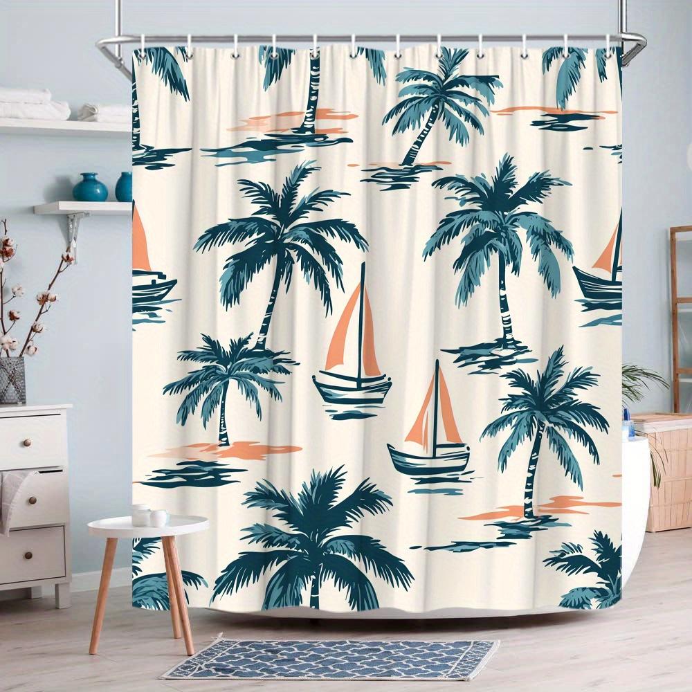 1 Mid-Century Modern Digital Art Shower Curtain - Palm Trees On Cream Background With Hooks, Machine Washable Polyester