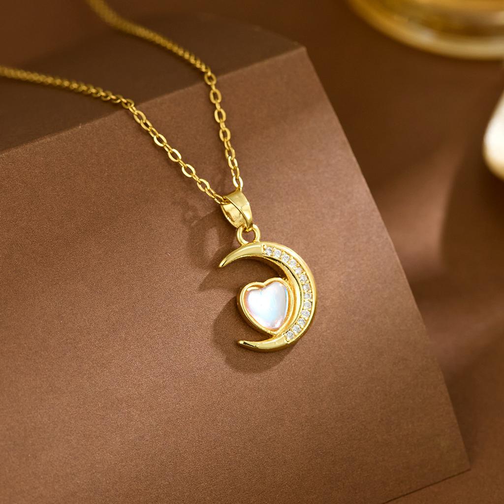 1pc Stainless Steel Moon Shaped Pendant Necklace Adorned With Rhinestones, Great Gift For Women