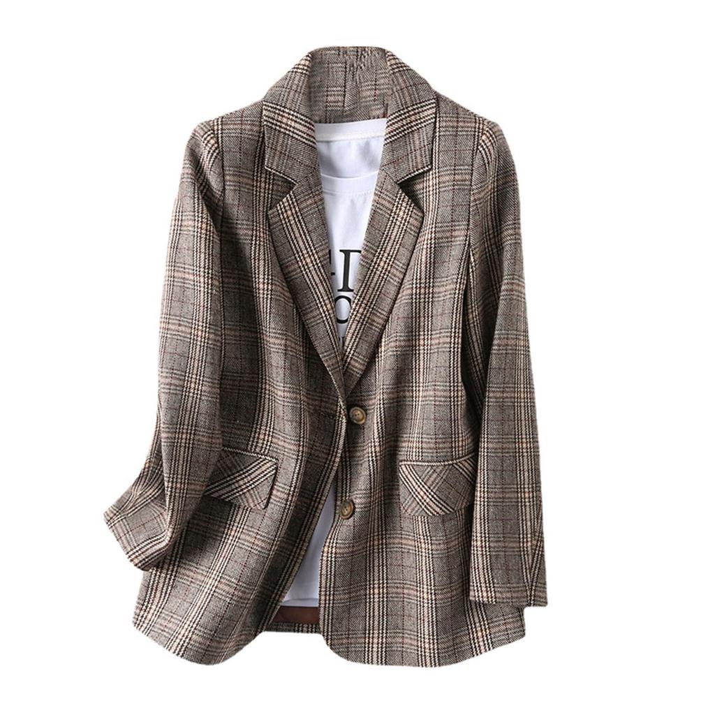 Women's Fashion British Style Loose Casual Plaid Small Suit Jacket