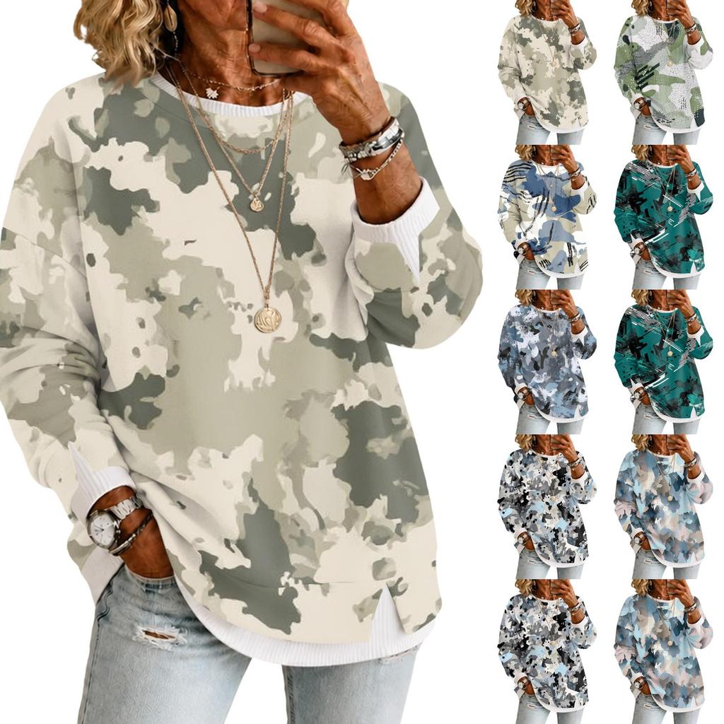Women's Fashion Casual Camouflage Print Long Sleeve Round Neck Pullover Top