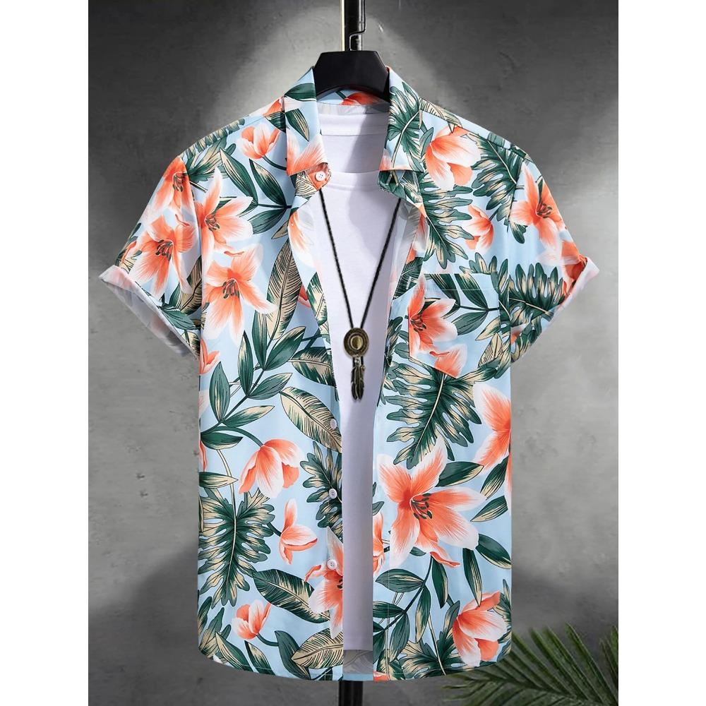 Hawaiian color coconut tree print lapel fashion men s shirt 2024 men s seaside resort casual style men s short-sleeved shirt S