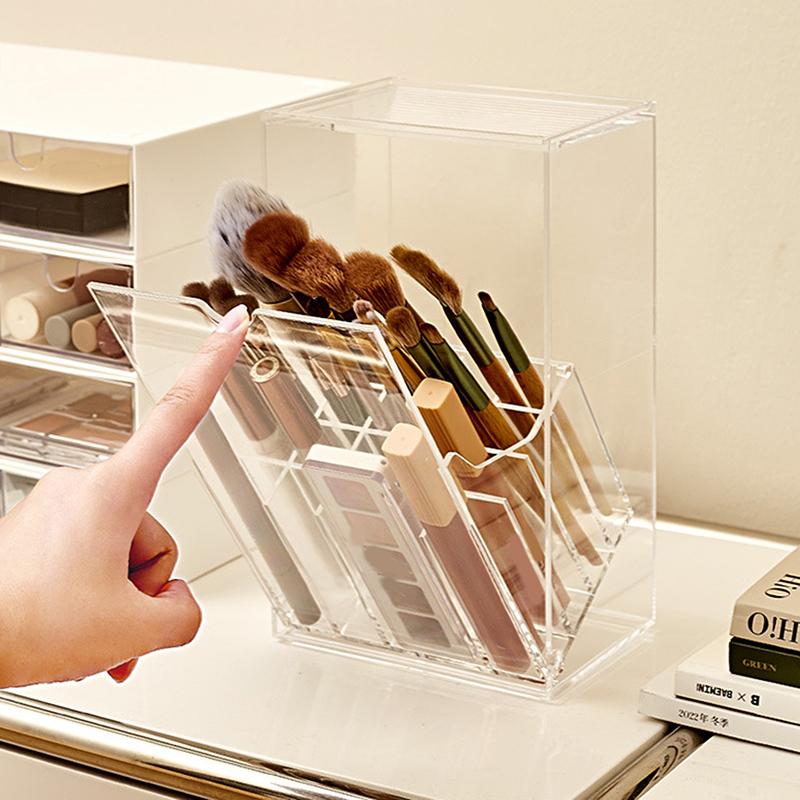 Front Flap Lid Makeup Brush Holder Clear Cosmetic Brush Storage Box Acrylic Makeup Brush Holder Slant Desk Makeup Tool Container
