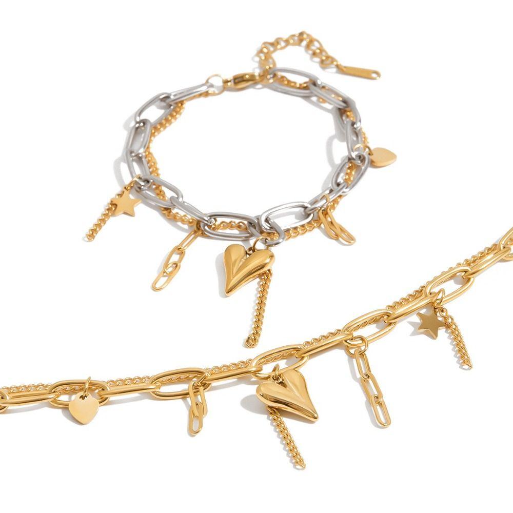 Cuban Chain Heart Charm Bracelet Stainless Steel Layered Bracelet Romantic Jewelry