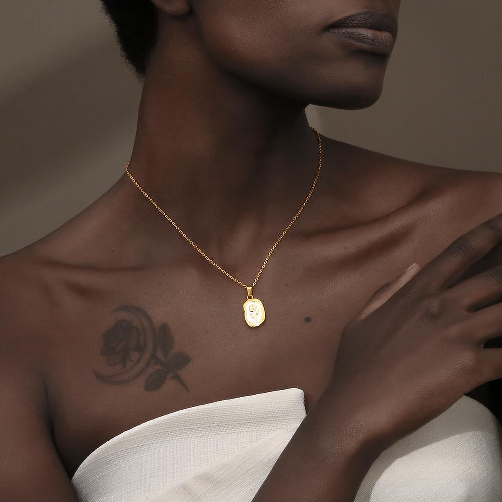 MamacitaLay 18K Gold Plated Stainless Steel Zircon Star Twelve Constellation Shell Necklace Women's Waterproof Neck Jewelry Gift