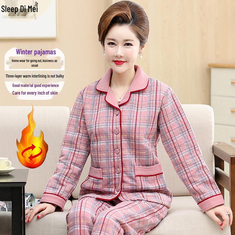 Women's Thick Warm Knitted Cotton Pajamas for Autumn/Winter - Middle-Aged & Elderly Sleepwear, Versatile Home & Outdoor Wear