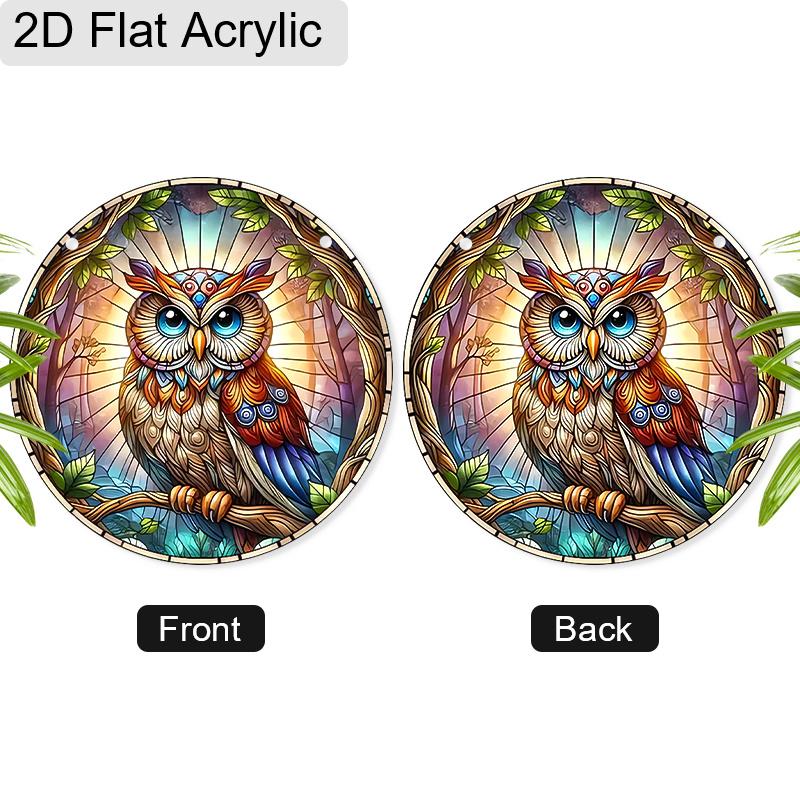 Acrylic Mystical Forest Owl Stained Glass Style Suncatcher, 2D Flat Acrylic Window Hanging Ornament for Fantasy & Nature Lover Gifts