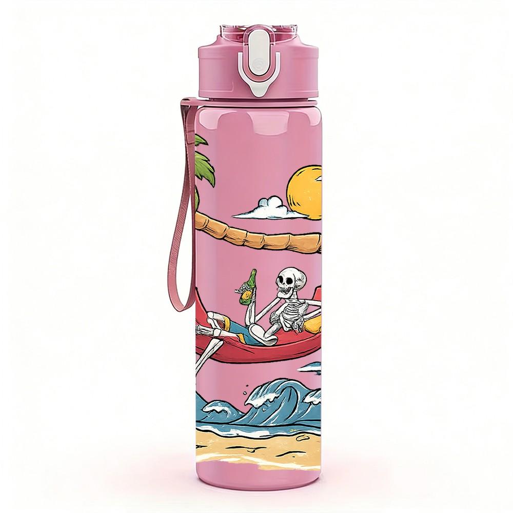 1PC Hammock Palm Beach Scene 750ml Color Plastic Sports Water Bottle Leakproof Flip Straw Lid Suitable for Sports Office Home Use