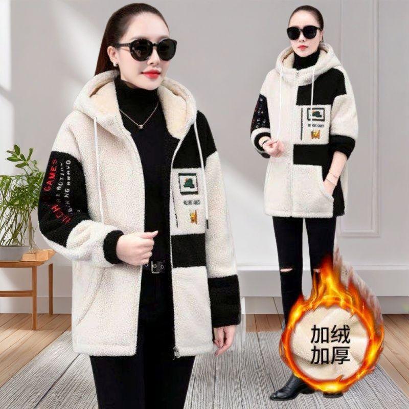 Lamb wool long sweater women's autumn and winter new large size loose and thin integrated fleece thickened zipper jacket