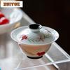 100ml Hand Drawn Pomegranate White Porcelain Thin Body Gaiwan Aesthetic Tea Tureen Tea Bowl With Lid Kit Tea Maker Cover Bowl