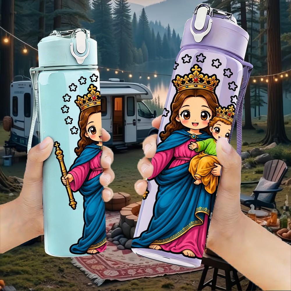 1PC Virgin Mary Holding Child 750ml Color Plastic Sports Water Bottle Leakproof Flip Straw Lid Suitable for Sports Office Home Use