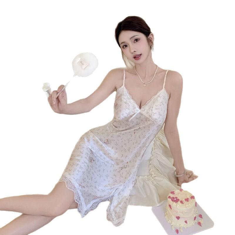 Sexy lace backless suspender pajamas spring and summer ice silk thin loungewear with chest pad plus size pajamas women