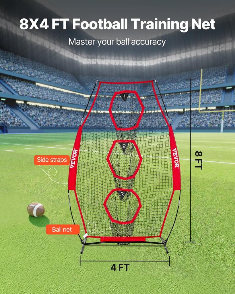 203.2 X 101.6mm Football Trainer Throwing Net, Training Throwing Target Practice Net with 3 Target Pockets, Knotless Net Includes Bow Frame and