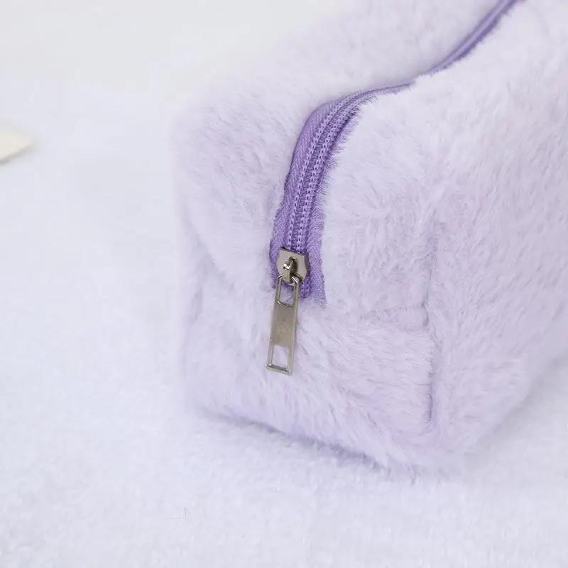 Cute Plush Makeup Bag For Women Portable Travel Small Cosmetic Bags Solid Color Zipper Toiletry Bag Washing Pouch Storage Bags