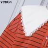 VONDA Women Doll Collar Long Sleeve Striped Casual Loose Pullovers Blouse