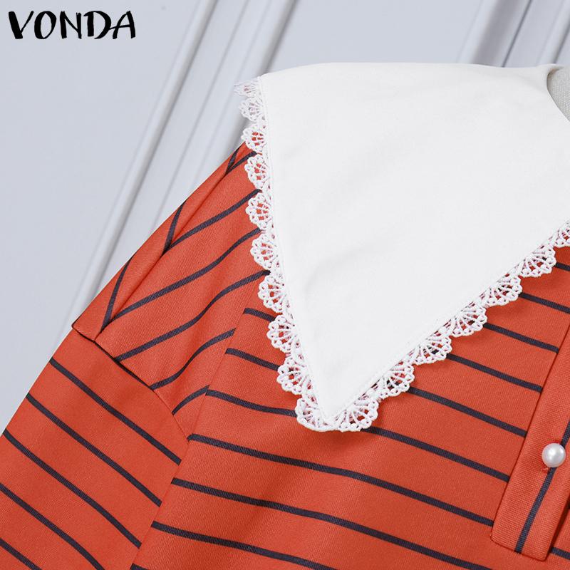 VONDA Women Doll Collar Long Sleeve Striped Casual Loose Pullovers Blouse