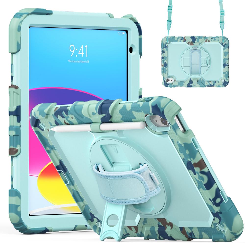 For iPad (2025)/iPad 10.9 (2022) Case Camo Printing PC + Silicone Tablet Cover with PET Film/Shoulder Strap