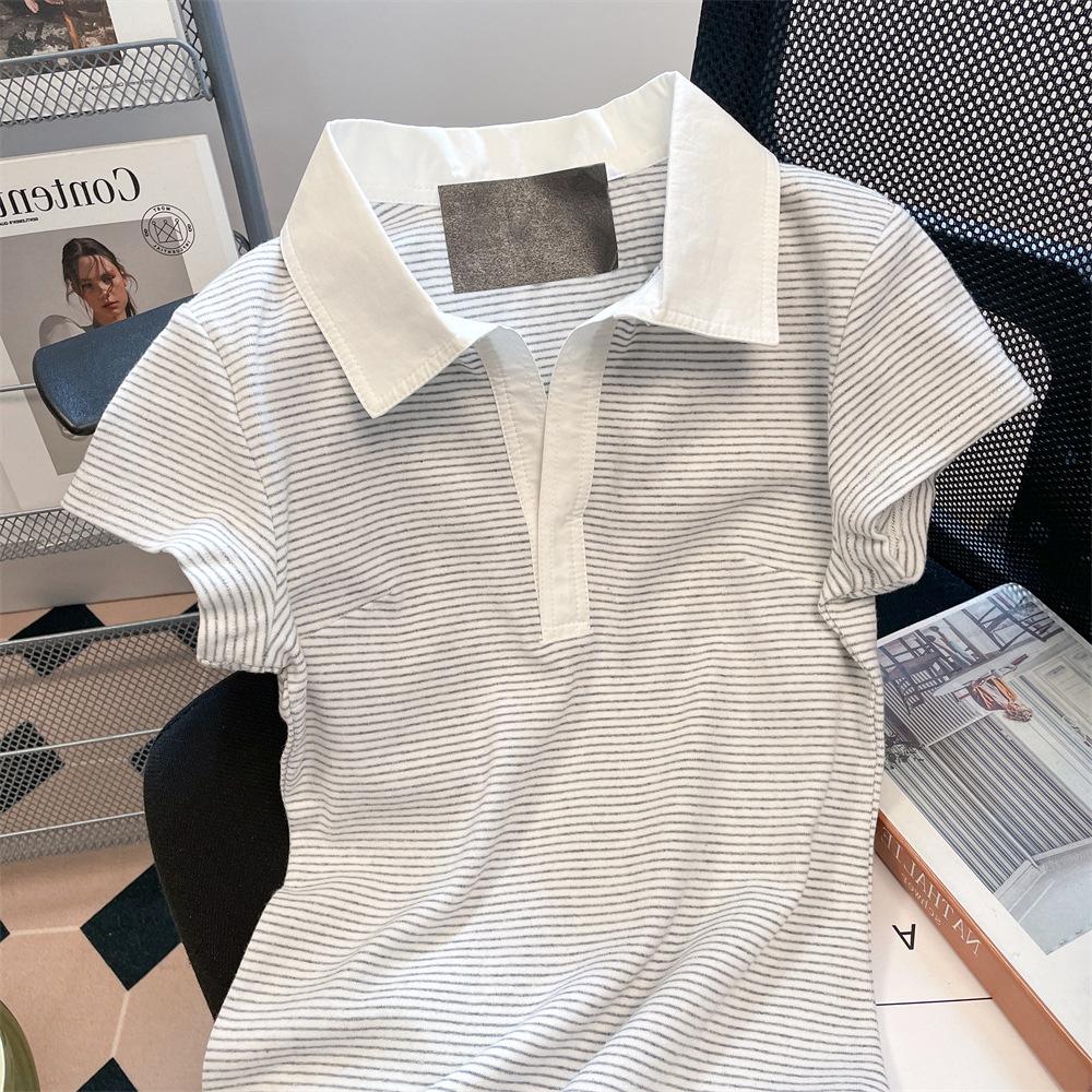 No price reduction #Design sense niche striped shoulder polo lapel short-sleeved T-shirt women's summer new top