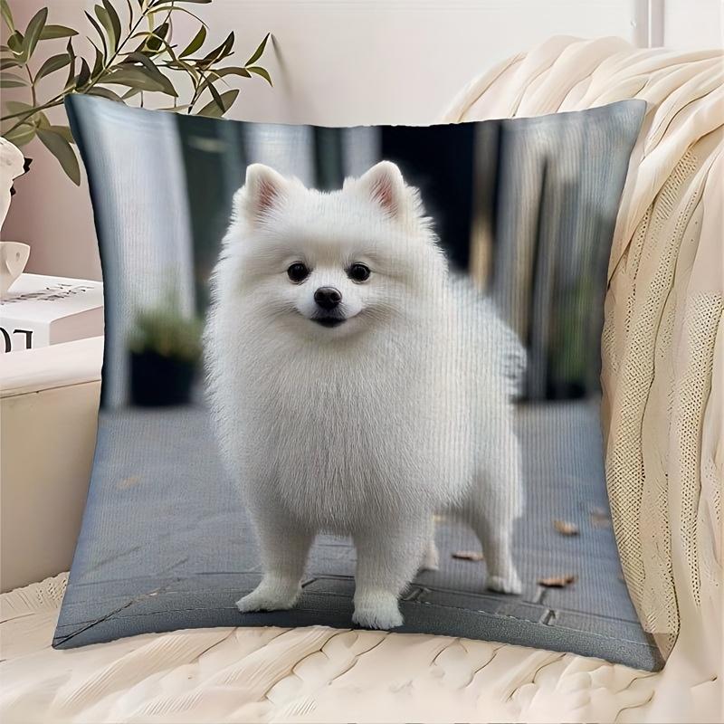 1pc Pillowcase, Cute White Pomeranian Decorative Cushion Cover, Soft And Comfortable Polyester Short Plush Fabric, Single-Sided Printing, Multi-Size S