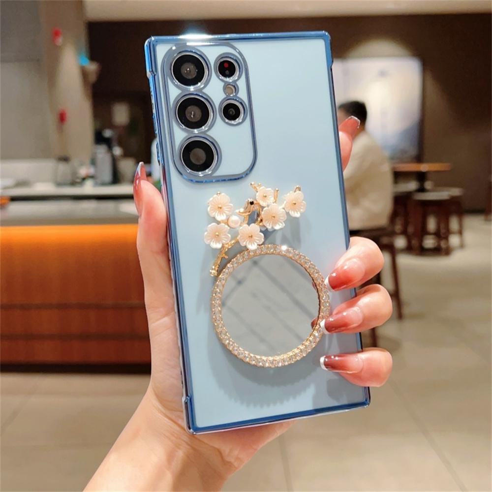 For Samsung Galaxy S24 Ultra Case with Plum Blossom Mirror Electroplating Edge Heart Pattern TPU Phone Cover