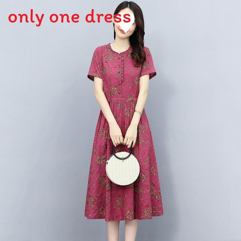 Cotton Linen Floral Midi Dress With Ruffle Details For Summer Streetwear