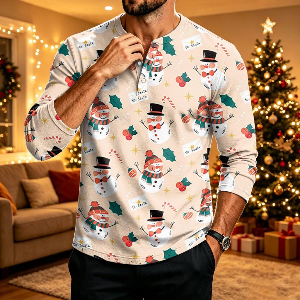 Camicia da Uomo a Maniche Lunghe con Stampa Natalizia per Festa, Uso Casual Quotidiano