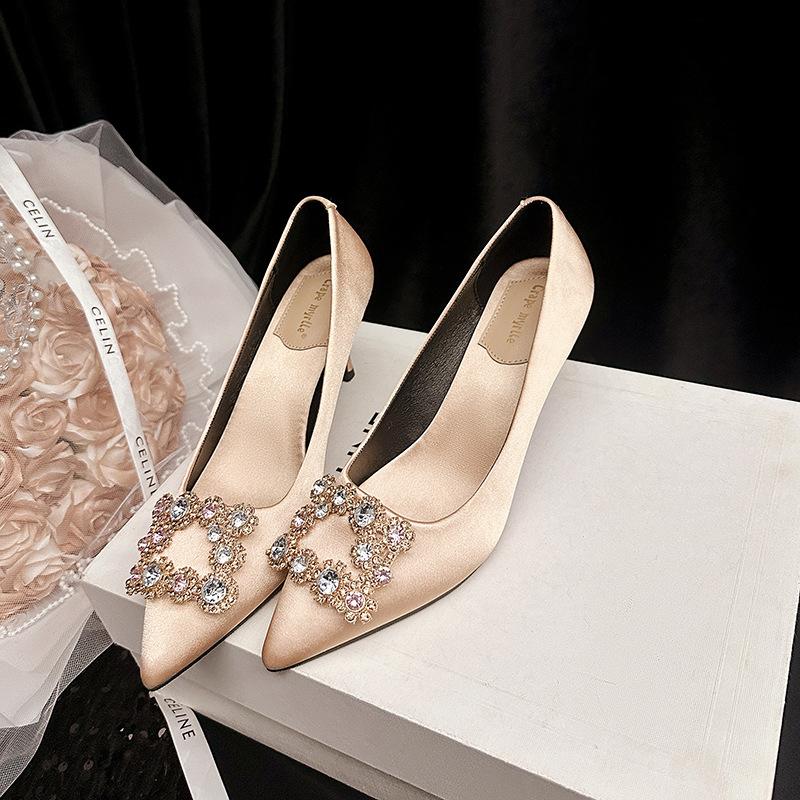 Same Style, Wedding Season~ Satin Light Mouth Square Buckle Flower Diamond Thin High Heel Pointed Single Shoes Women's Red Wedding Shoes