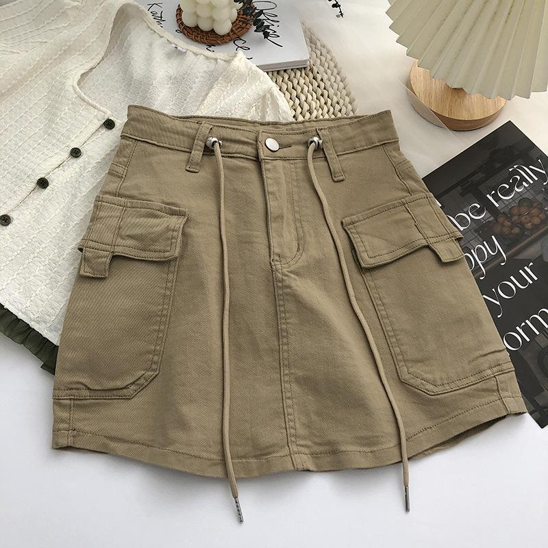 Women's High Waist Cargo Skirt A-Line Skirt Drawstring Pocket Patchwork Solid Color Micro Stretch Casual Mini Skirt