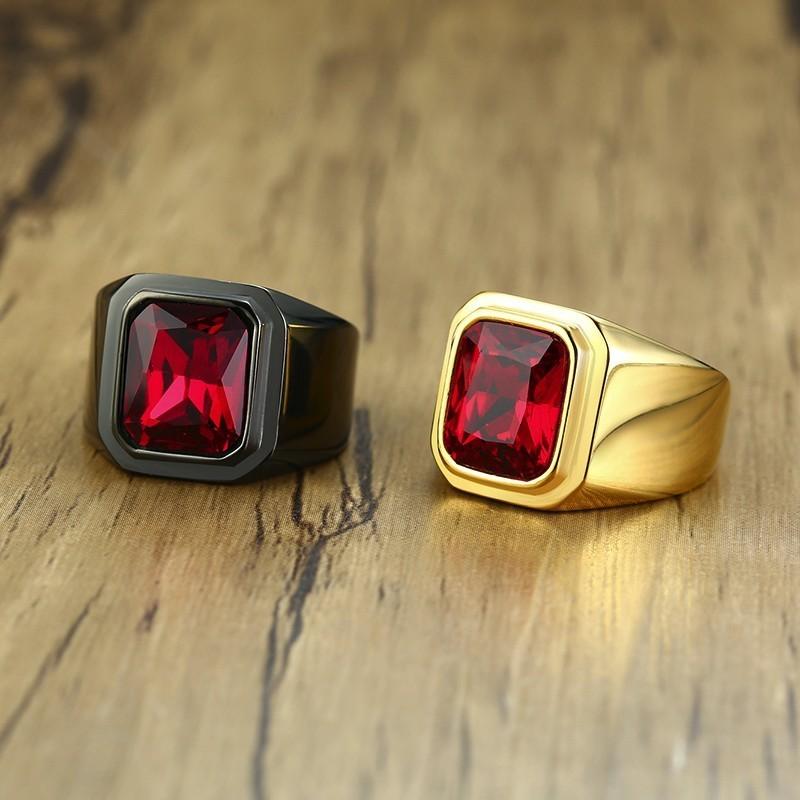 Ikuinen Big Stone Ring for Men Black Gold Color Stainless Steel Chunky Male Alliance Punk Jewelry