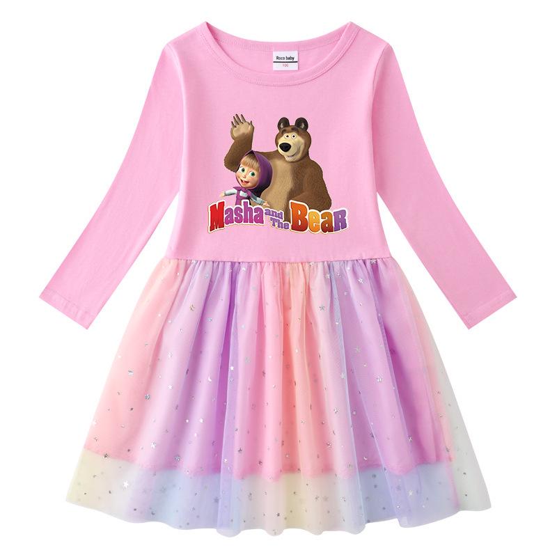 Korean Style Girls' Dress: Short Sleeve Summer & Long Sleeve Spring/Autumn Edition with Stars, Rainbow Sequins, and Mesh Pleated Princess Design.