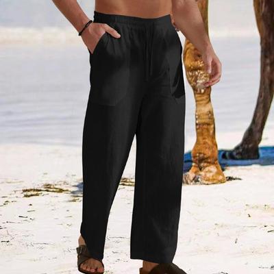 Men Pants Drawstring Elastic Waist Straight Leg Loose Solid Color Pockets Sweat Absorption Daily Wear Casual Sport Trousers Long