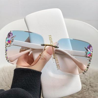 Ochelari de soare damă cu tăietură fără ramă, cu diamante, Modă, cadru mare, protecție umbră, ochelari de soare UV