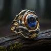 Vintage Zweifarben Gold Schlangenring mit blauem Saphir, Antiker verdrehter Weinlaub Design Ring, Einzigartiger Statement Schmuck für Männer