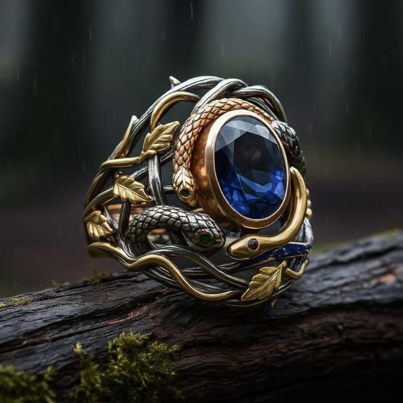 Vintage Zweifarben Gold Schlangenring mit blauem Saphir, Antiker verdrehter Weinlaub Design Ring, Einzigartiger Statement Schmuck für Männer