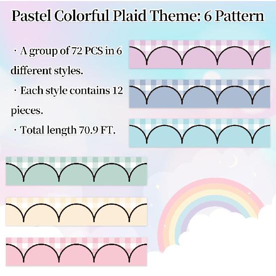 70.9Ft Back to School Pastel Plaid Bulletin Board Borders Colorful Gingham Self-Adhesive Border Trim Sticker Decals for Home Classroom One Silly