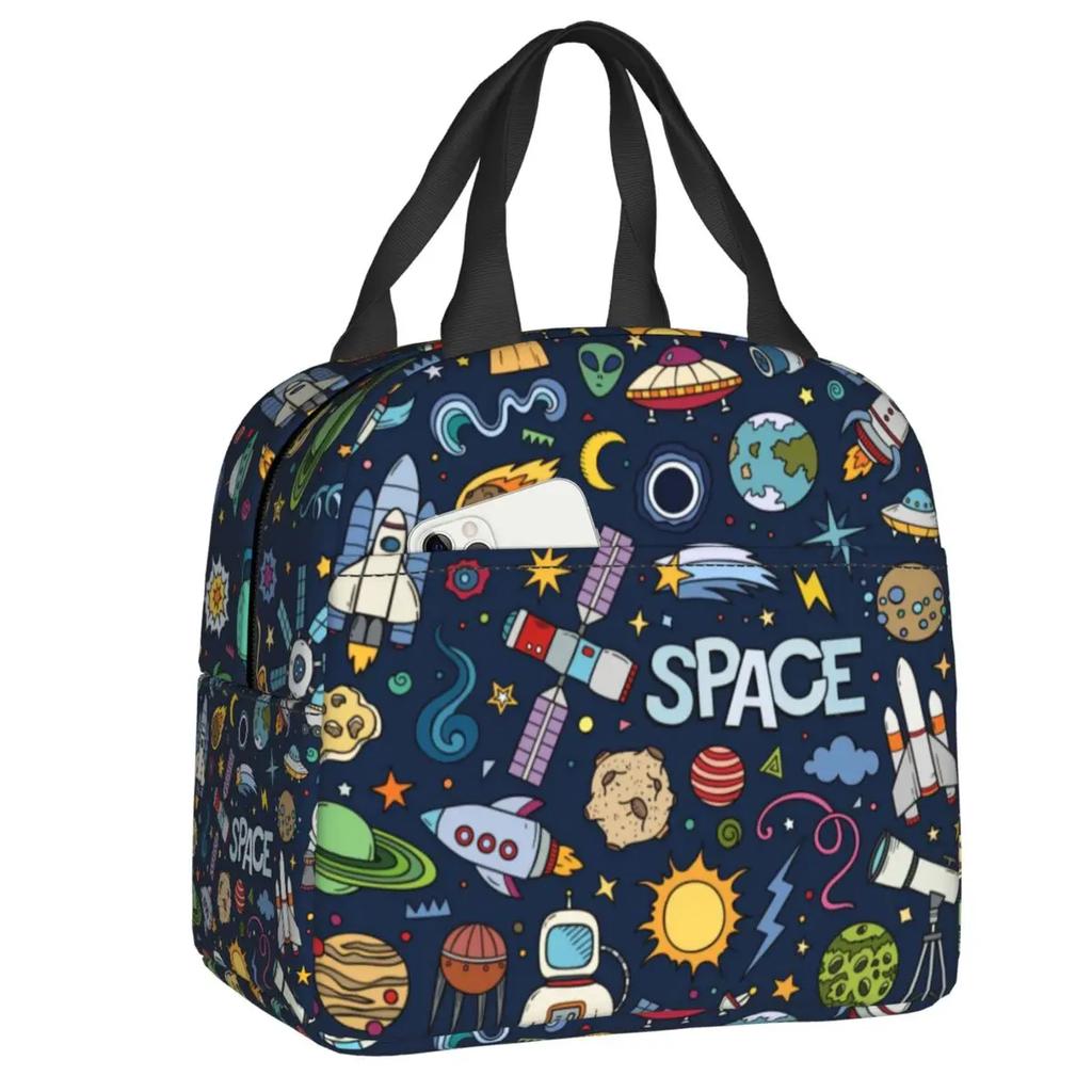 Cartoon Space Planet Rocket Thermal Insulated Lunch Bag Women Astronaut Spaceship Portable Lunch Box for Kids School Food Bags