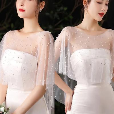 Vintage Style Sheer Tyll White Capelet Šaty Příslušenství Drahokamu Pearl svatební šátek