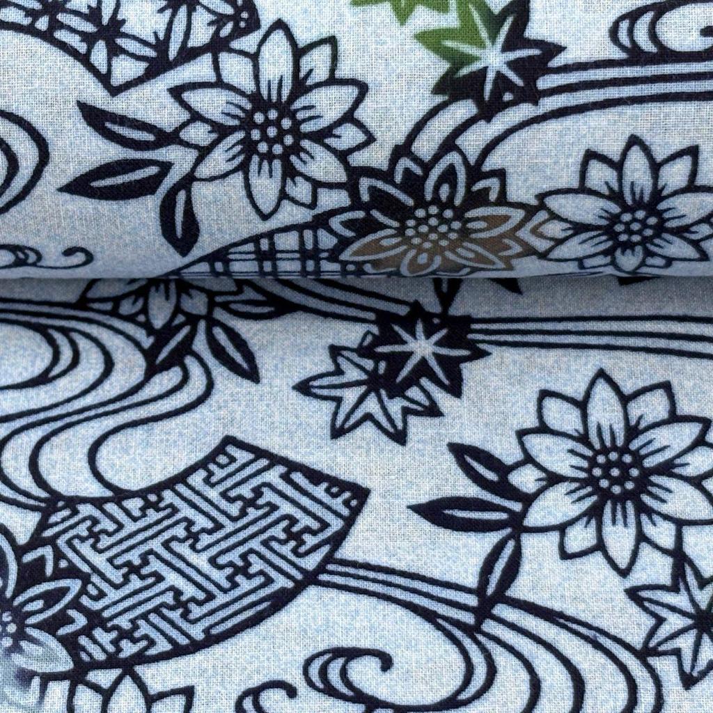 Used Fabric, excellent item, yukata, fan, flower, blue-gray, cotton []