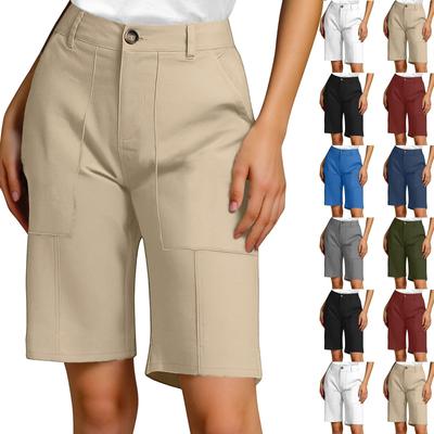 Women's Summer Casual Fashionable Loose And Comfortable Knee High Waisted Elastic Band Pocket Shorts