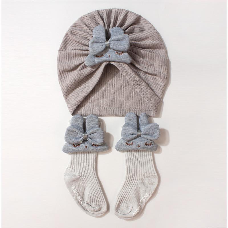 New children's hat set, cute solid color bunny baby stockings, soft hat sock cover