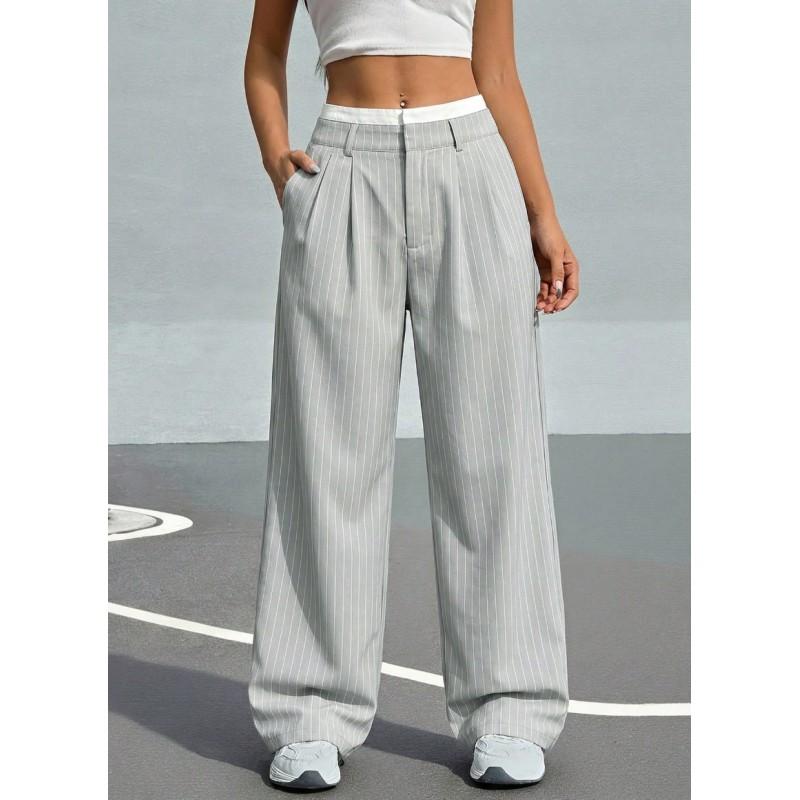 High-Waisted Wide-Leg Striped Trousers Women Office Chic Straight Cut Pants With Pockets Lightweight Stretch Fit